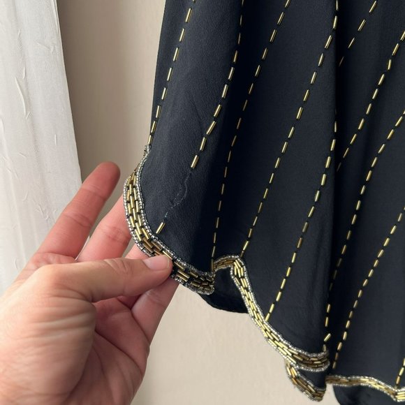Vintage Black Gold Hand Embroidered Beaded Scallop Edge V-neck Silk Blouse - Picture 5 of 11
